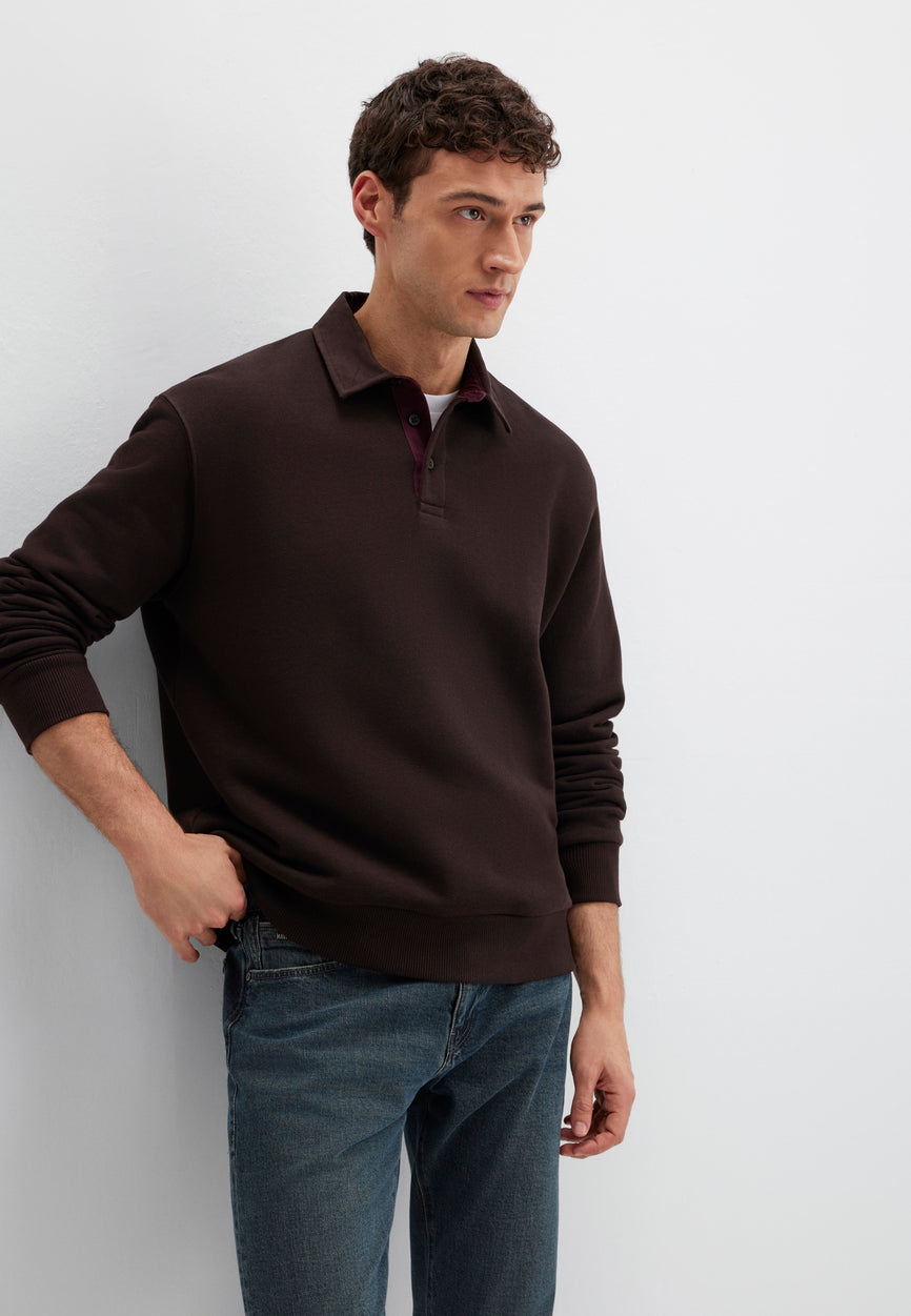 SWEAT-SHIRT DEMI-BOUTON | Sweat polo premium avec col contrasté