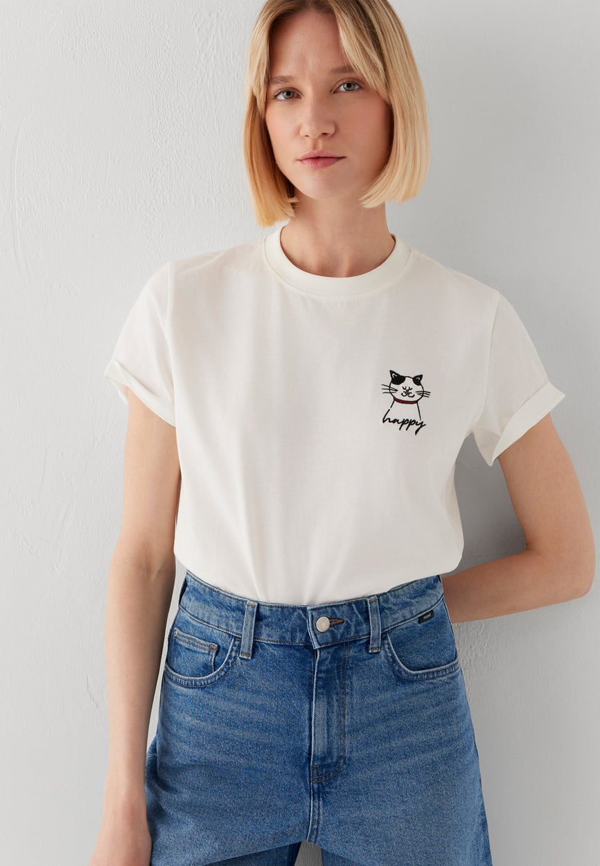 CAT PRINTED  T-SHIRT | T-Shirt mit Katzen-Stickerei