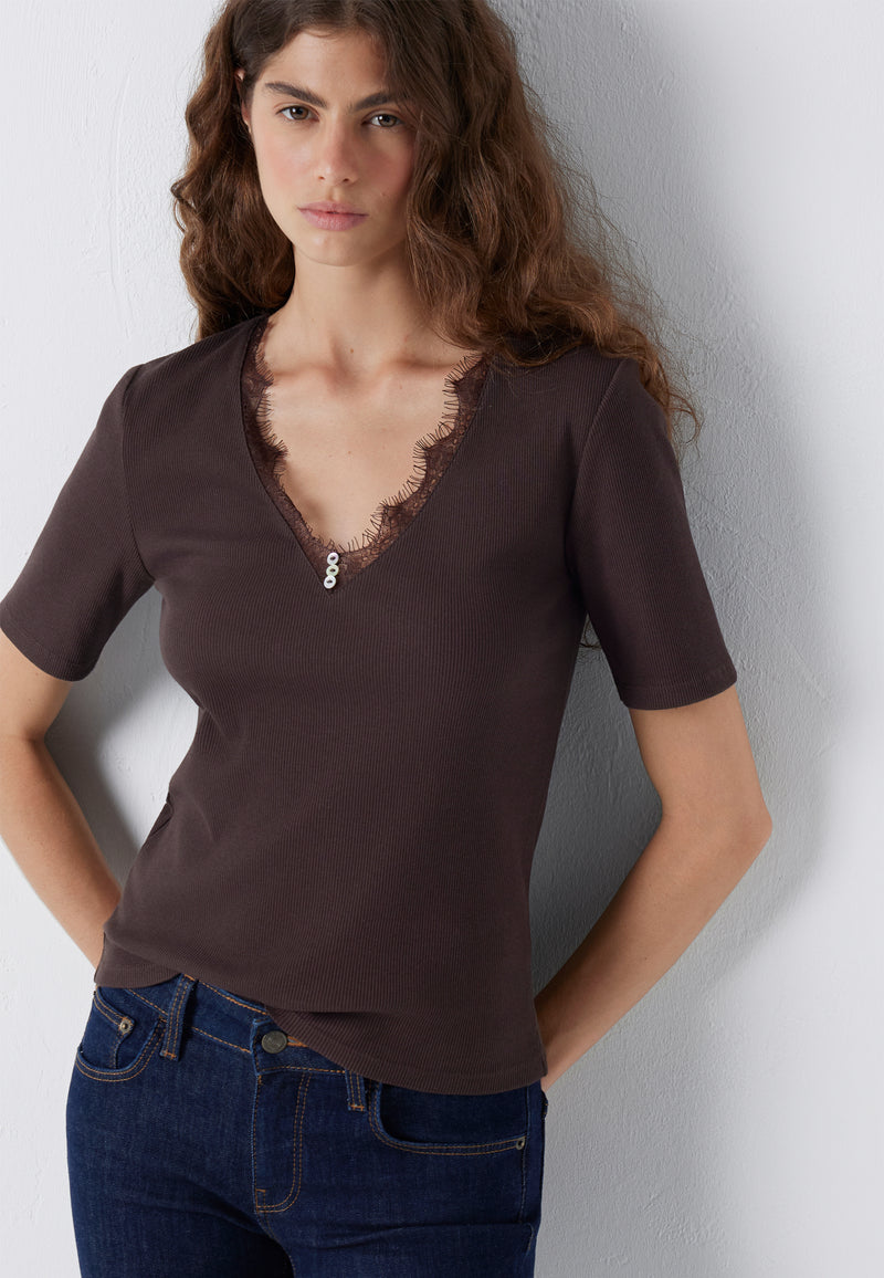 V NECK FASHION JERSEY | Top mit Spitze