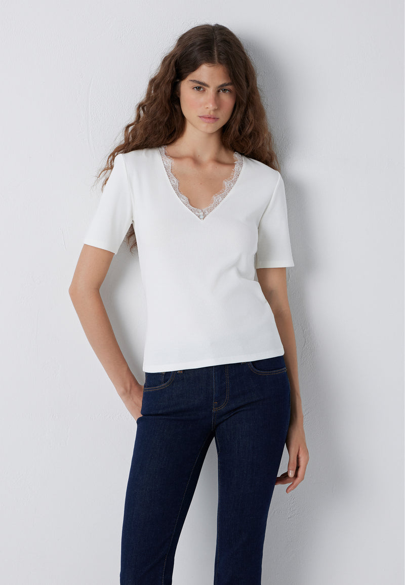 V NECK FASHION JERSEY | Top mit Spitze