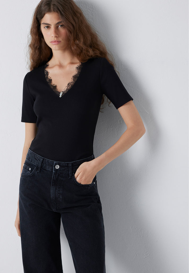 V NECK FASHION JERSEY | Top mit Spitze